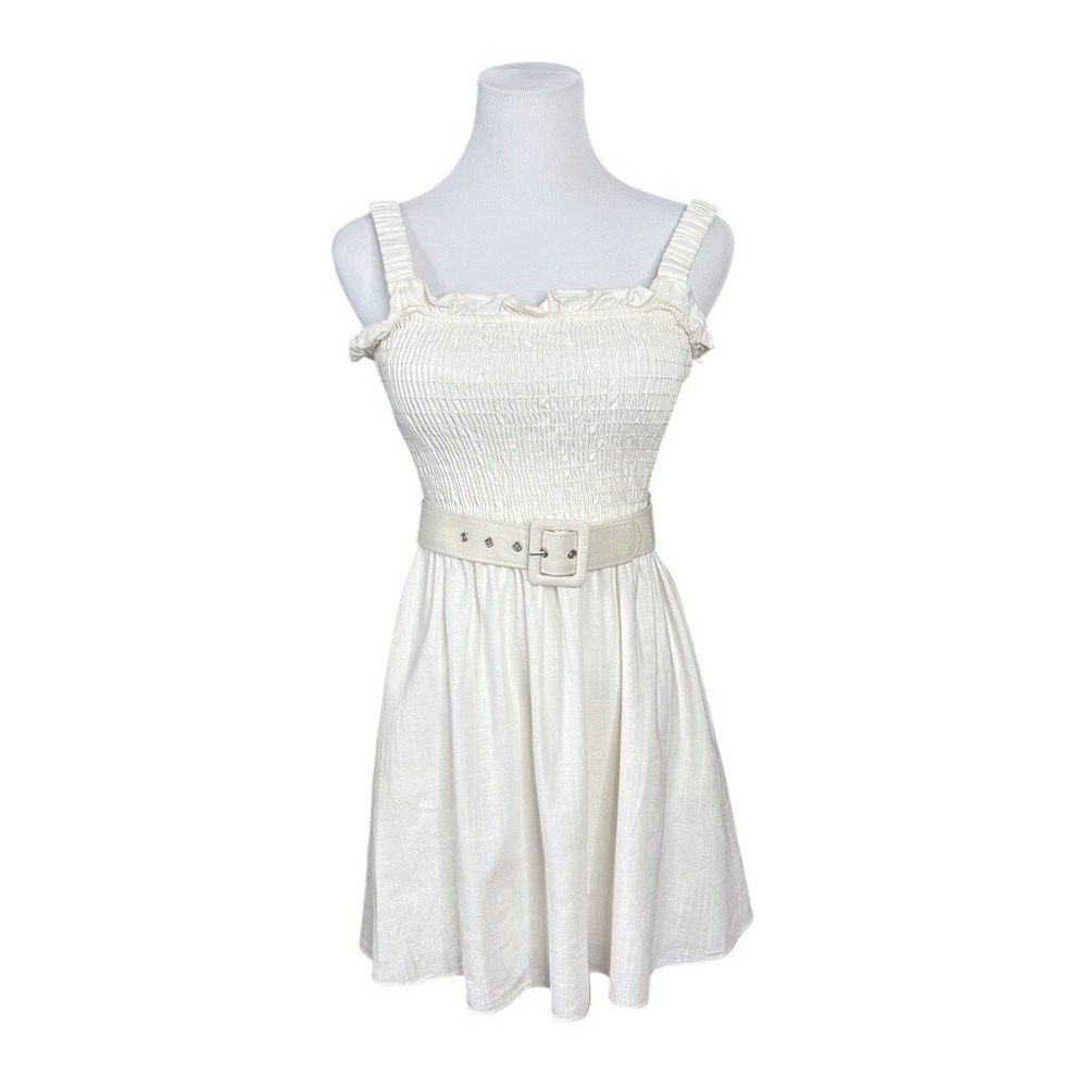 B. Darlin Smocked Linen Sundress Skate Dress Juniors 3/4 Cream Sleeveless Belted